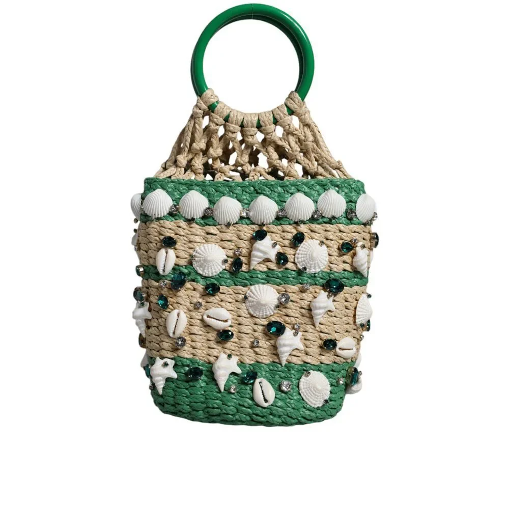 Dolce & Gabbana Beige Green Rafia Seashells Crystal Bucket Bag - Picture 2 of 8
